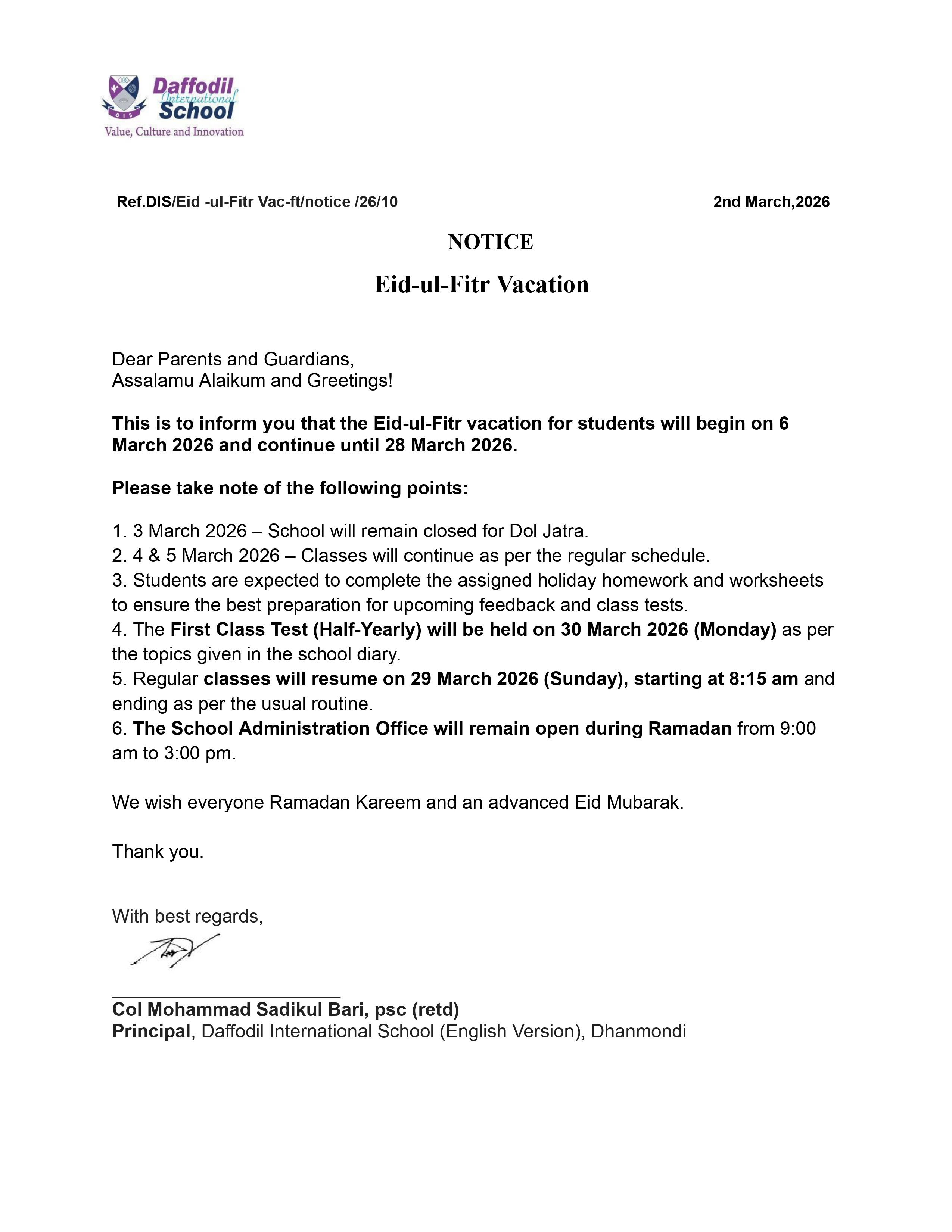NOTICE: - Eid-ul-Fitr Vacation 2026